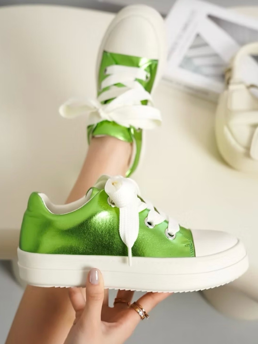 Cape Robbin Metallic Green Lace-Up Sneakers with White Soles